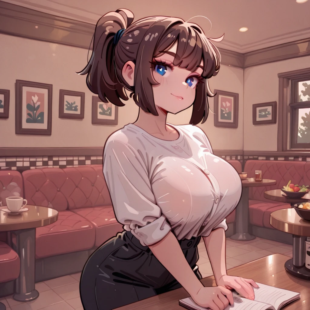 ((highres)), Masterpiece, high quality, best quality, beautiful, perfect lighting, detailed face, ultra cute face, ((1girl)), ((blush)), ((blush)), nervous, looking at viewer, skindentation, short brown hair, green eyes, jeans, tank top, thight clothes, full body, fast food restaurant, medium breasts, perky breasts, cleavage, ((wide hips)), (((thick thighs))), ((plump)), chubby belly, fat folds, standing by a table, hand on hip, holding soda,