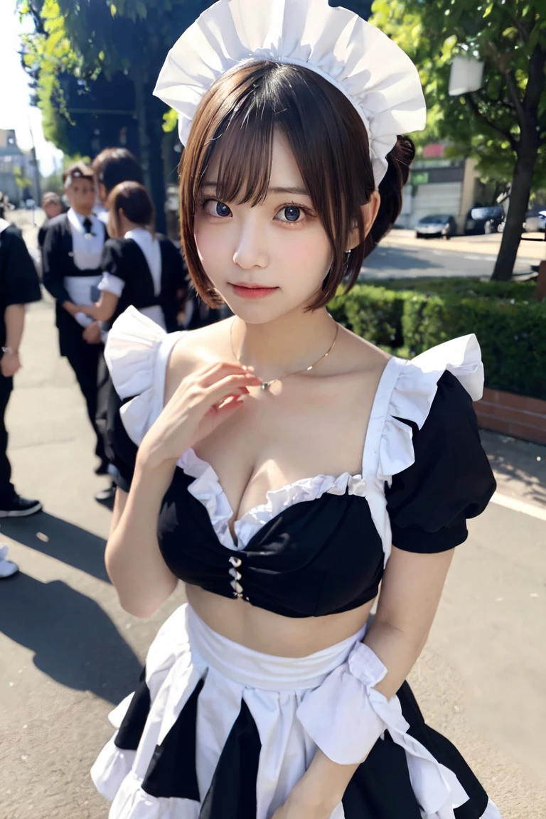 1 girl, excellence, best, wonderful face and eyes, (big round eyes:1.1), (Highly detailed beautiful face), highest quality, RAW photo, Photoreal, very detailed and beautiful, beautiful breasts, (bare shoulders:1.3), (cleavage), (glossy lips), Smile, No panties, professional photos, cinematic lighting, outdoors, Akihabara, pedestrian paradise, maid Cafe, maid costume, Day, colorful, (view from below)