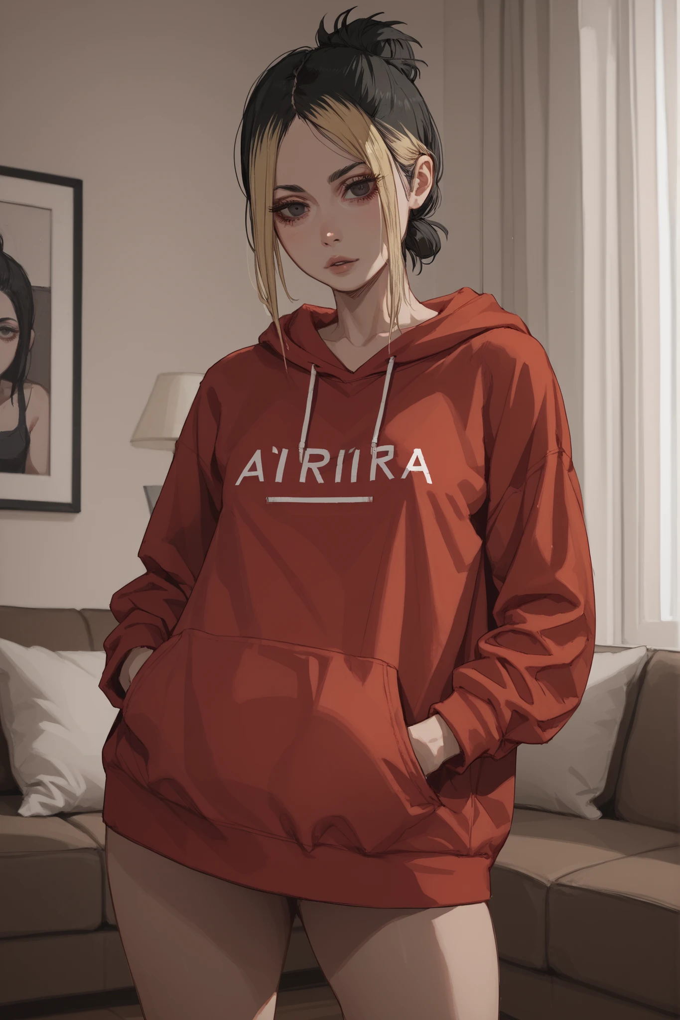 1 girl, long black hair, blonde highlights, low bun, parted fringe, black iris, dark circles under eyes, voluptuous, small breasts, red loose sweatshirt, bottomless, hands in pockets, living room 