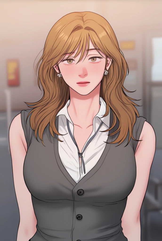 masterpiece, best quality, highres, 1girl, solo, breasts, short hair, bangs, blue eyes, blonde hair, shirt, holding, collarbone, jacket, white shirt, upper body, parted lips, indoors, lips, phone, cardigan, cellphone, smartphone, holding phone, green jacket, looking at phone