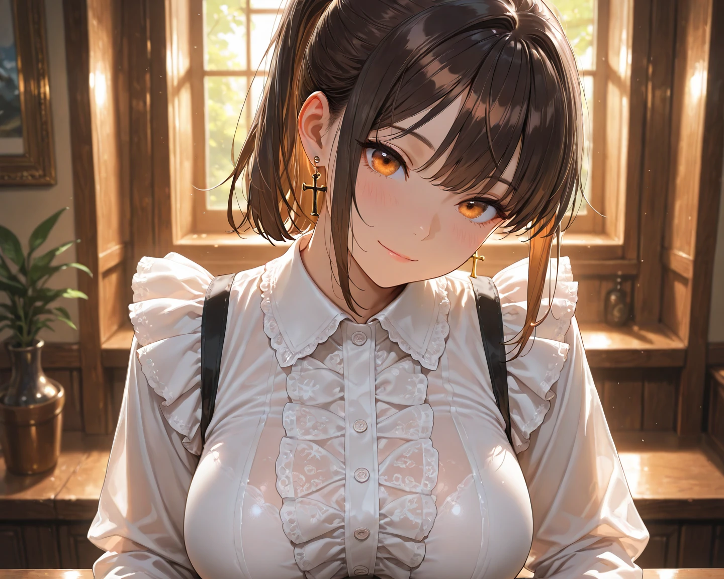 1 milf, ponytail hair, blushing, wearing glasses, maid, big breast 