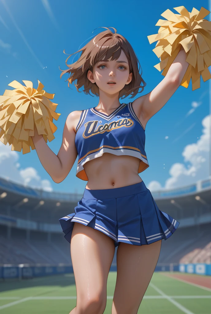 (masterpiece:1.3), (8K、best quality:1.4), (Highest image quality, intricate details, high resolution, depth field, Natural light, professional lighting), (1 girl), (solo), (asian girl, very beautiful 18 year old cartoon girl), (very beautiful woman、Beautiful woman full of charm, 美しい銀髪のbob cut, intense blue eyes, strong eye highlights, very big breasts, perfect anatomy, dynamic lighting, lip gloss), Beautiful face with perfect symmetry, beautiful detailed woman, very beautiful detailed face, very beautiful detailed eyes, Smile at the audience, laughing very happily, beautiful teeth, beautiful teeth alignment, Super detailed, very detailed, beautiful teeth, beautiful teeth alignment, Super detailed, very detailed, ((Detailed cheerleader:1.2)), light shines on your face, ((dynamic pose)), bob cut, crossed bangs, asymmetrical bangs, long neck, please show me your ears, Bansig&#39;s eyes, eyelash, cute, very big breasts、very beautiful and big, very beautiful breast shape, beautiful cleavage, tall supermodel, Supermodel with long legs, Supermodel dressed as a cheerleader, take a pose, Dressed as a cheerleader, close-up of woman, towards the camera, laughter, (cheerleader costume), ((head band, Sleeveless shirt with open chest, flare skirt, mini skirt)), Young slender gravure idol, young gravure idol, young gravure idol, Stadium background in the daytime