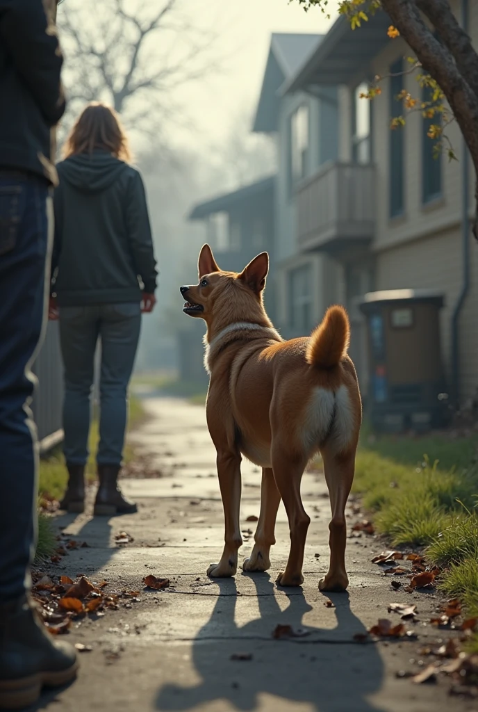 The dog sees an unknown person first, after the dog barks at the unknown person