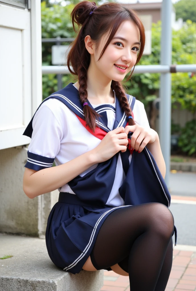 ((highest quality、8k、masterpiece:1.3)),((((fullbody shot)))),Ultra-high resolution,big eyes,Japanese,bangs,(a girl),(1 girl),((20 years old)),((facing at viewer)),((looking at viewer)),(long hair),(((black school uniform))),grin,((squatting)),(pleated mini skirt),(((open leg))),(((platform shoes))),(((white floral panty)))