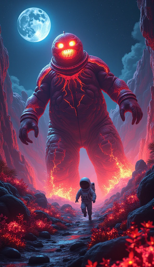 The spaceship approached the planet with a dense red atmosphere and a terrifying landscape..The astronaut landed on the barren surface of the planet, With strange, dimly glowing rocks
.A large and terrifying shadow emerged from behind the hill, With bloodshot eyes,
the astronaut ran towards the spacecraft while sending an emergency message..