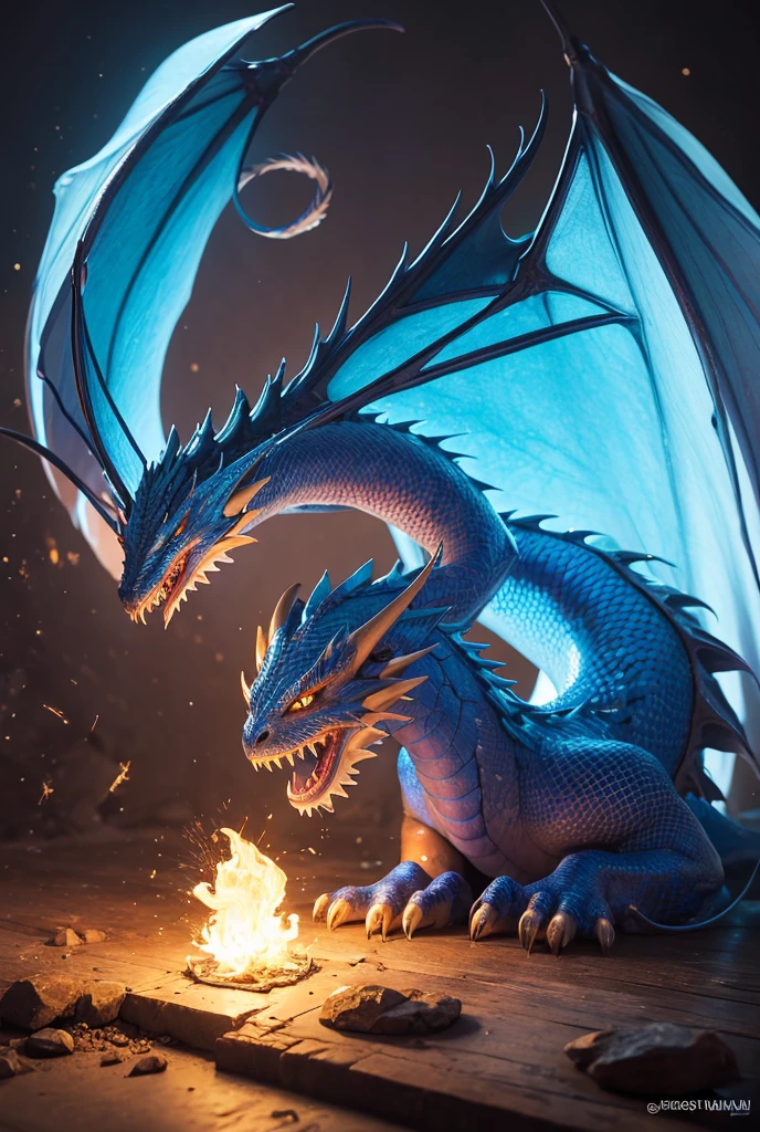 Blue white dragon, Claw, Red eyes, Masterpiece, 
Best Quality, ultra detailed, photorealistic, extremely delicate, 
(Dragon Chino:1.2), Long body, flying, 
roar, breathing flames, 
dynamic angle, intense angle, cinematic lighting,