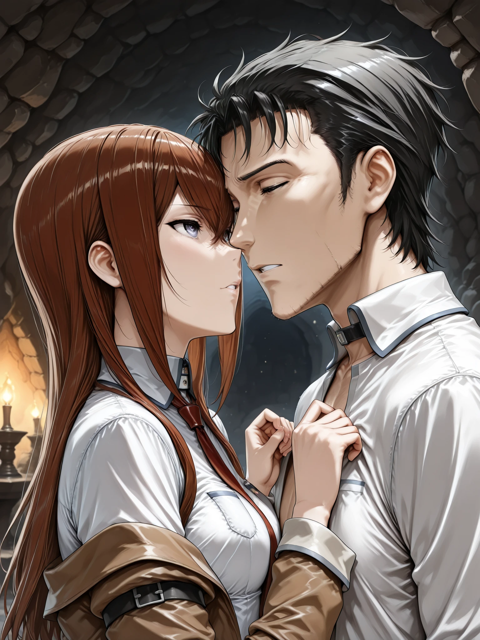 ((Best Quality)),( super high definition),(Super detailed),( detailed description ),((The best CG)),(masterpiece),  dark dungeon,dark cave,lanthorn,(1boy and 1girl,1boy is a Okabe rintaro,1girl is a Makise Kurisu,the boy protects the girl,the girl is no jacket )deep kissing 