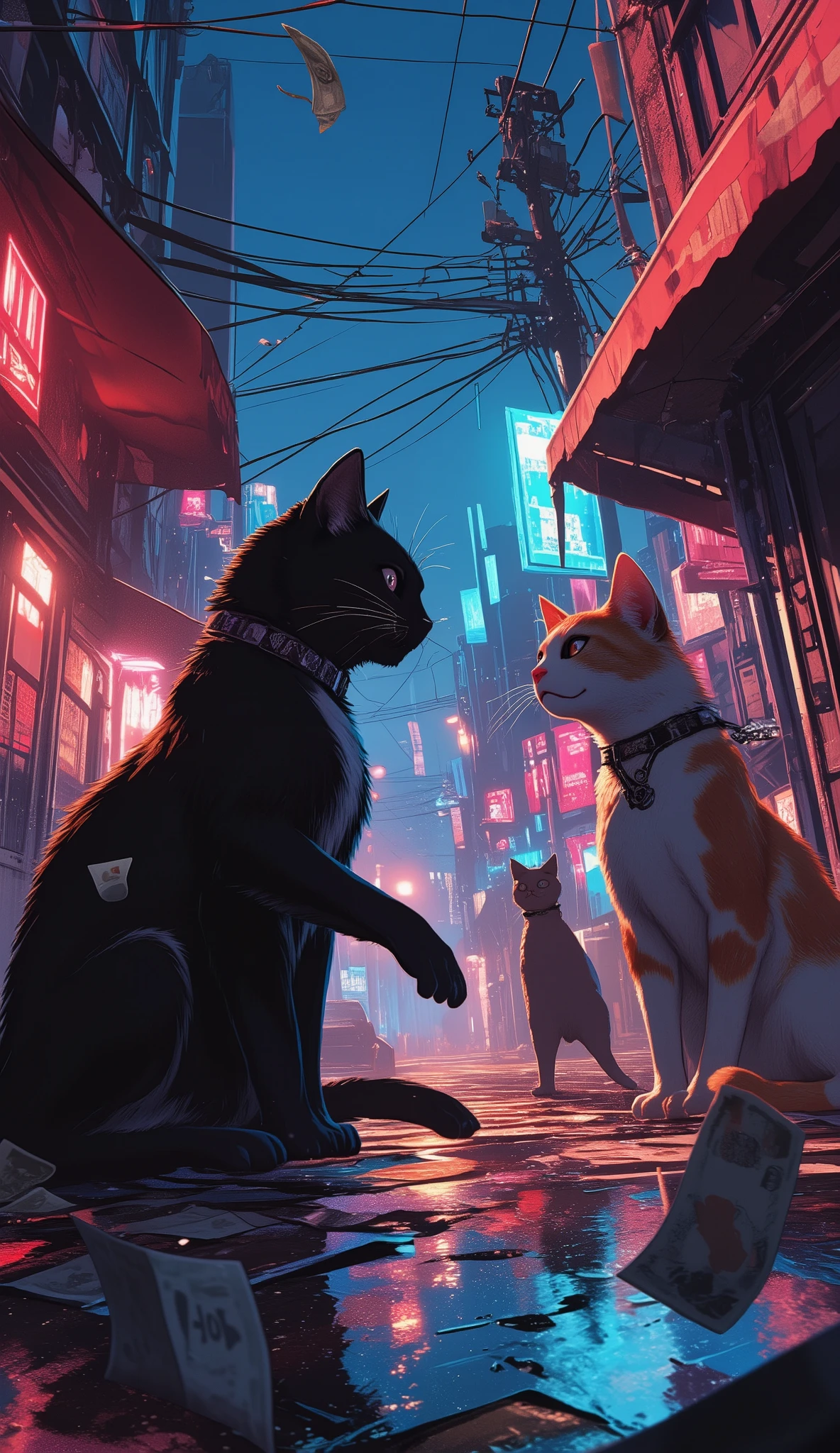 (最高傑作、最高傑作、32K, 受賞作品), GTA-style animation, cats fighting over territory in the back streets of Los Santos, bills flying, bribery