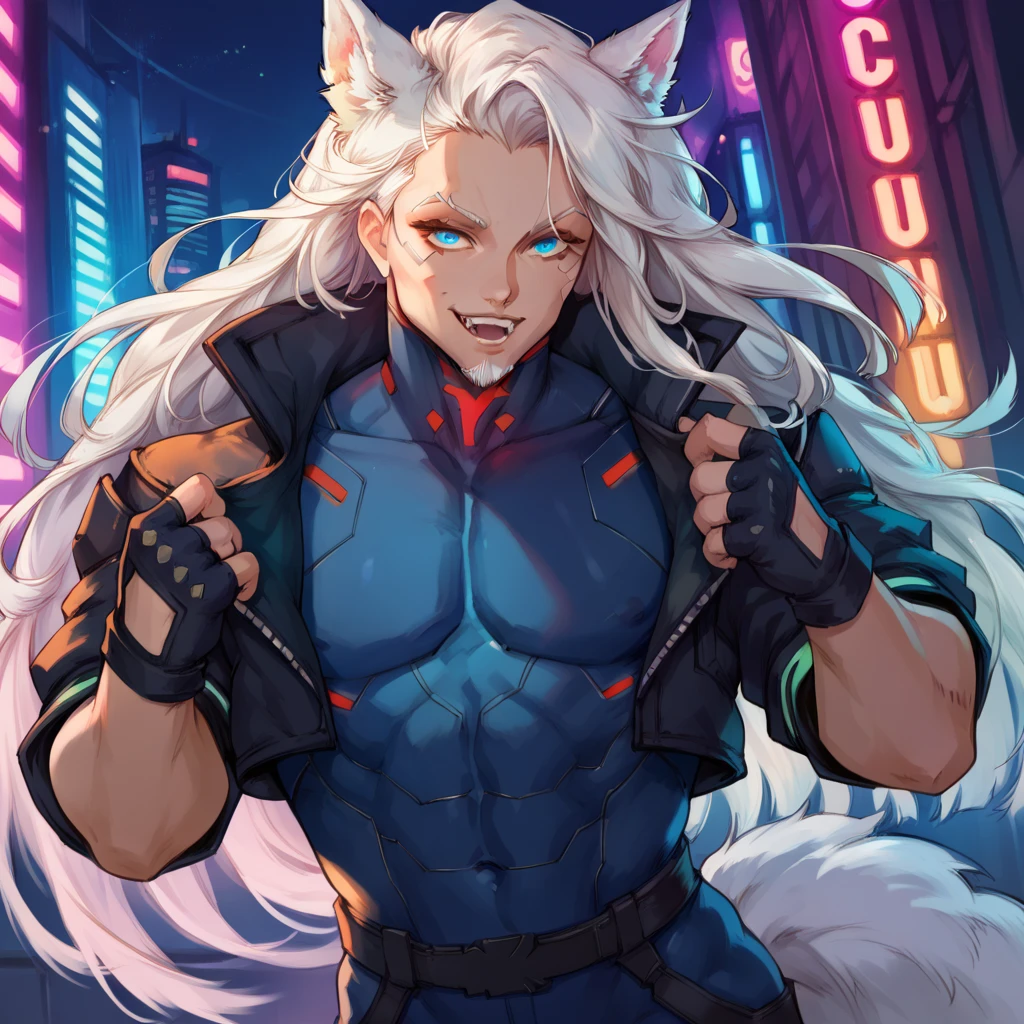 Male with light beard, flowing white hair, has wolf ears, has wolf tail, shirtless, happy, playful, in cyberpunk outfit,