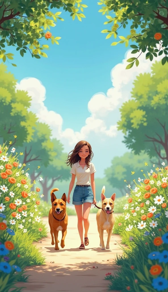 create a photo with one person walking with the dog in a lovely summer day