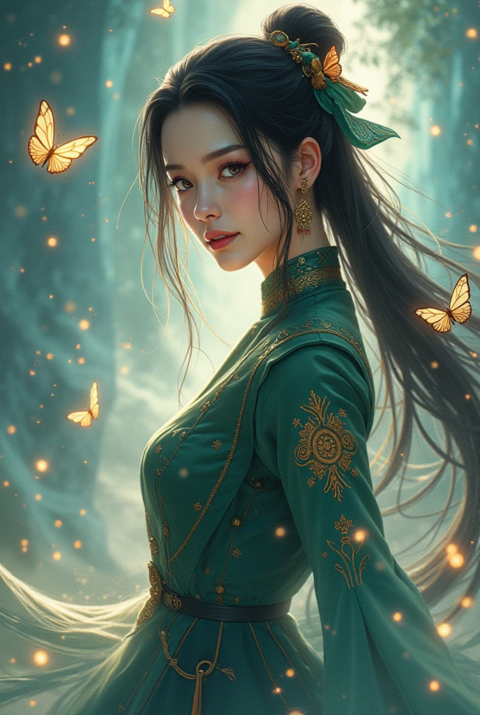 (best quality, masterpiece), 1girl, active pose, particles, wind, autumn leafs, full body, sky background, looking at the viewer, focus on the face, detailed eyes, big eyes, caucasian, black endless hair, superior beauty, beautiful woman, celestial beauty, sunny weather, colorful leafs, spectacular scenery.