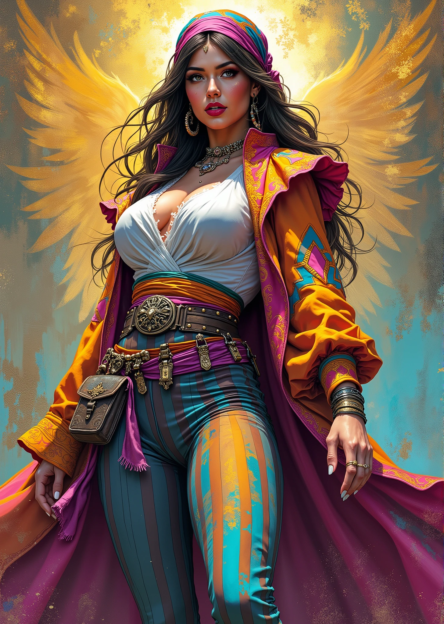 An extremely detailed comic book illustration of a stunningly beautiful extremely curvaceous Aasimar from dungeons and dragons descended from an angelic being infused with celestial power with features that hint at her celestial heritage such as metallic freckles luminous eyes a halo spectral wings or the skin color of an angel which can be silver opalescent green or coppery red trained as a Bard following the College of Glamour from dungeons and dragons who invoke magic through music dance and verse and are masters of soothing hurts disheartening foes and creating illusions who wield remnants of the Words of Creation which still resound and glimmer on every plane of existence wearing a colorful and whimsical outfit that reflects a lively personality with a vibrantly colored coat with a rich textured fabric featuring an elaborate design with ruffled edges and a fitted silhouette that accentuates her figure over a fitted blouse that adds contrast to the bright coat and clings to her massive breasts with a high collar and puffed sleeves with a large colorful sash tied around her waist cinching the coat and adding a dramatic flair made of a silky fabric that flows as she moves wearing a variety of accessories including a bandana or headscarf that adds to her playful look with several pouches hanging from her belt suggesting a readiness for adventure over form fitting striped trousers that creatr a striking visual contrast with the vibrantly colored coat and emphasize her extremely long legs in an art style inspired by Frank Miller and Conan the Barbarian. The overall outfit combines elements of fantasy and fun, showcasing her vibrant personality and readiness for adventure. The Background is awash in textured brushstrokes of metallic tones with pops of color in flashy gemstone shades. Standing in a dynamic action pose. Trending on Art Station.