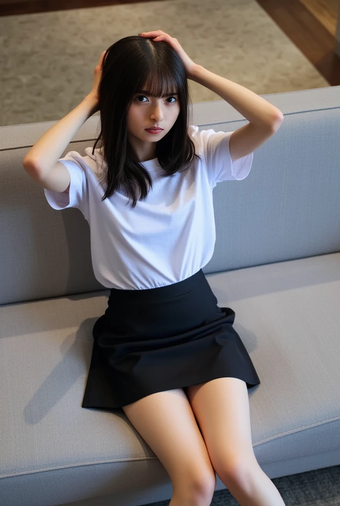 Highly detailed CG Unity 8K wallpapers, Highest quality, Very detailed, masterpiece, Realistic, photo Realistic, Very detailedかわいい, 20-year-old, Anatomically correct fingers、Perfect Fingers、(((Do-it-yourself skirt lift:1.2))), (Lift it yourself),  Small white string panties、((blush)), ((Looking away and looking sideways))、(((Confused expression:1.2)))、Pastel color pleated dress、Japan、city、Jet Black Hair、Updo、White sneakers、(showing panties yourself)、((from  below:1.3))