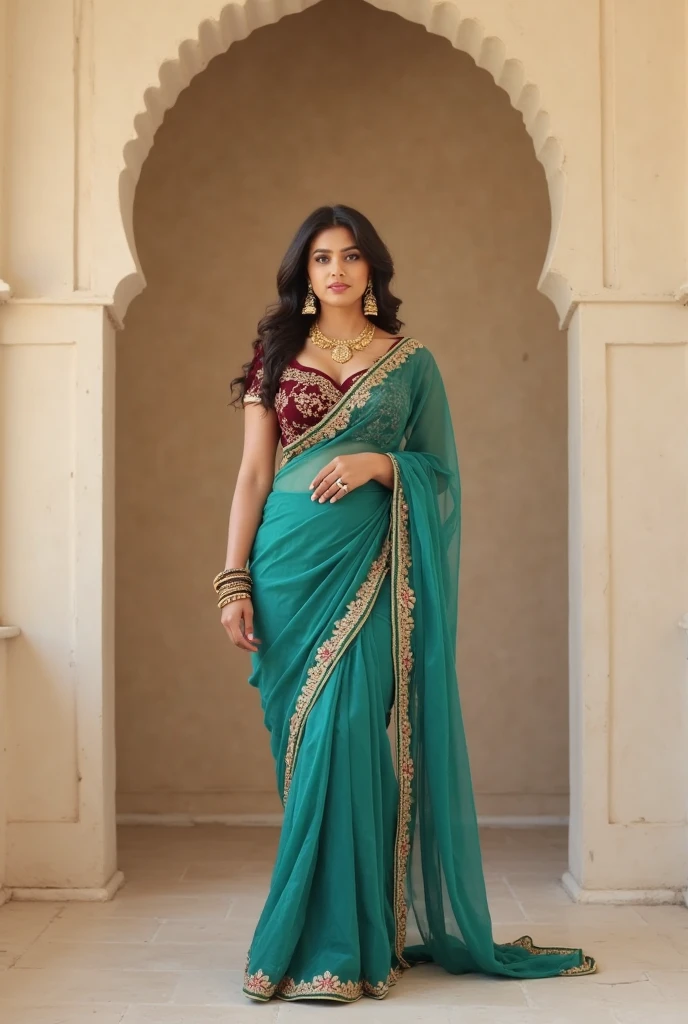 4K, UHD, masterpeice, indian girl, romantic face, detailed eyes, detailed lips, very long hair, straight hair, very long hair, beautiful hair, hair ornaments, hairband, gradient hair, ((red green saree )), ((bridal saree), ((decorated blouse)), sardine, (( saree )), ((lace)), ornaments, necklace, earring, high lighting, ((bare stomach)), wedding stage, fujicolor, depth of field, ray tracing, ultra realistic detail, 