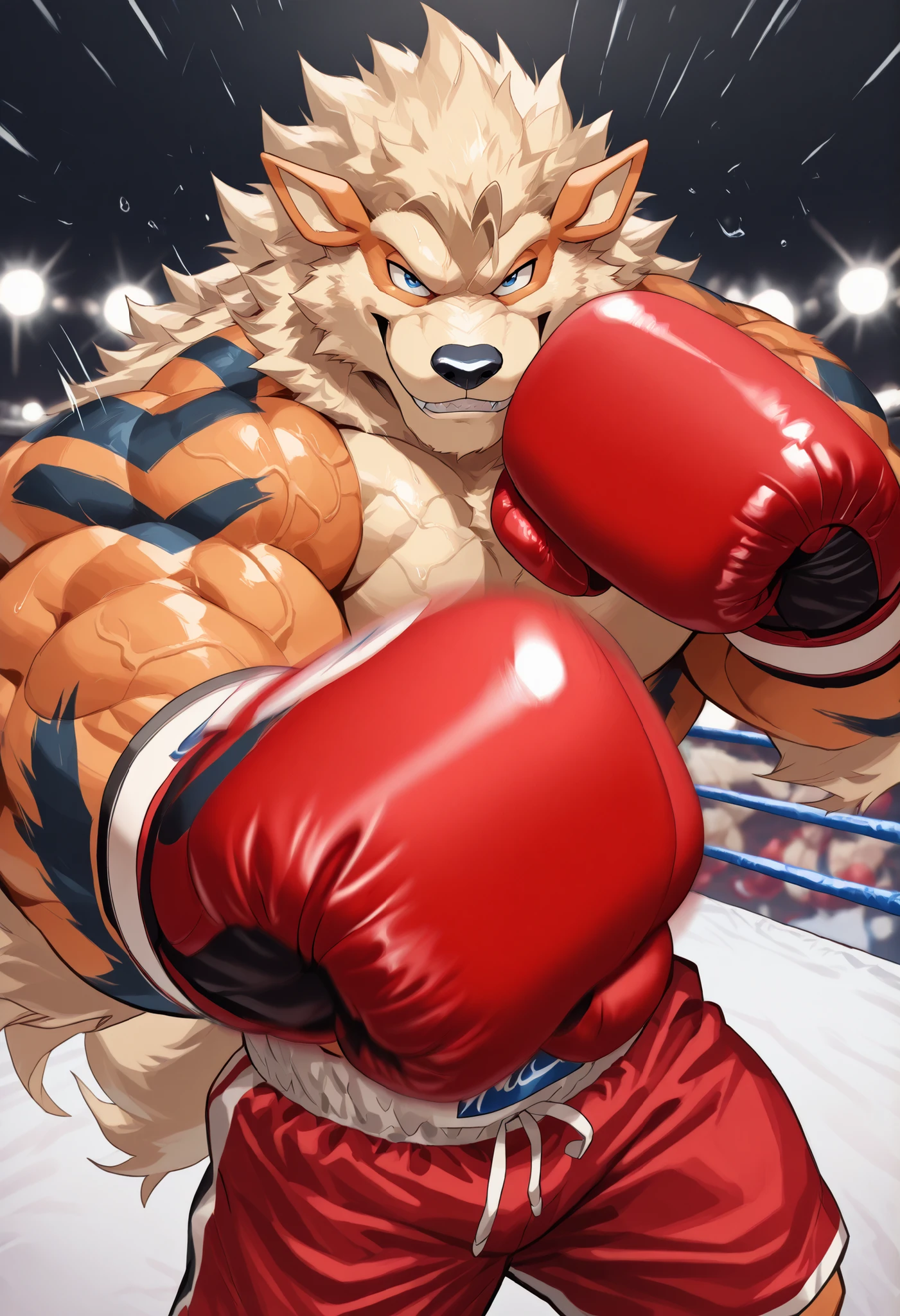 zPDXL3, pov_boxing, mercilessly punching_the_viewer, foreshortening, motion blur, red boxing gloves, red boxing trunks, depth of field, extreme perspective, closeup, action shot, boxing, dynamic punching pose, motion lines, impact lines, mercilessly barrage of punching the viewer, chopped head, boxing ring background, BREAKER Arcanine, heavywait boxing champion, furry male, heavy muscular, veiny muscles, looking at viewer, cruel smile, brutal eyes, large pectorals,