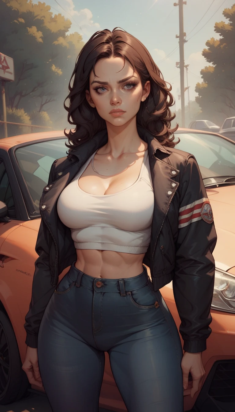 (high quality, best rendering), (beautiful girl), Blue Eyes, ((black long straight hair)),(bombshell, pin-up style), psychopath, crazy face, sexy pose, jean short shorts, tank top, pastel, centered, scale to fit dimensions, micro thong, micro bikini, camel toe