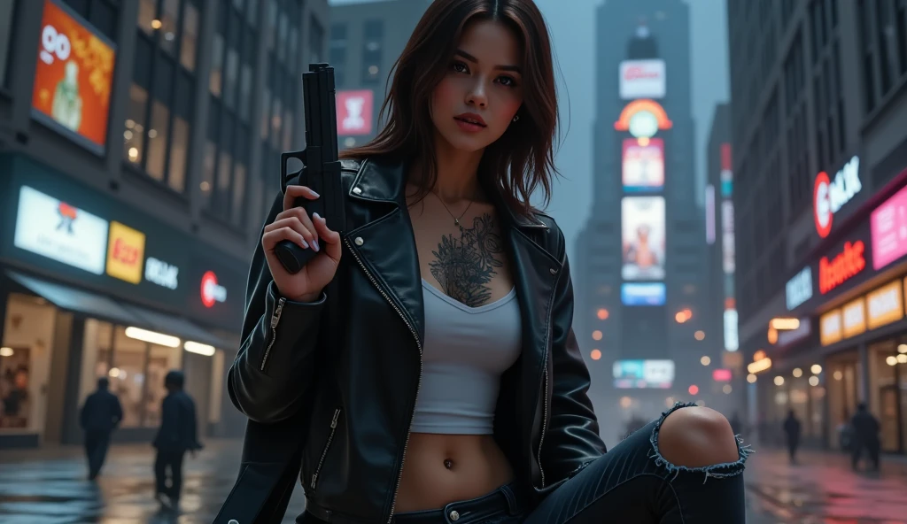 20 year old woman, GTA gangster, Rockstar games style, photorealistic, highly detailed, 8K, cinematic lighting, dynamic pose, intense expression, tattoos, leather jacket, ripped jeans, holding gun, city skyline background, neon lights, rain, moody atmosphere, dark colors, gritty, grunge, digital art