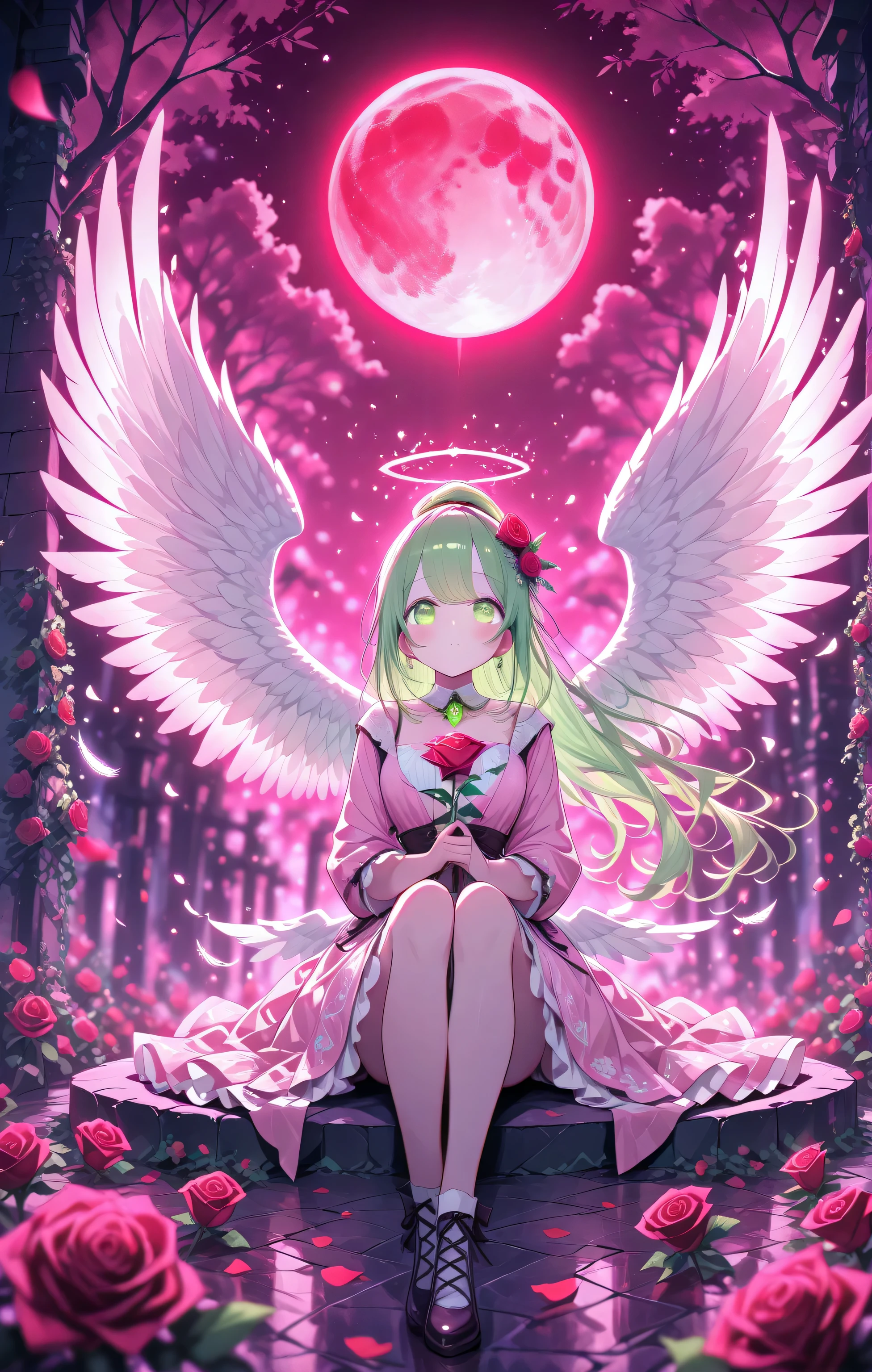 1 Girl, alone, Redhead, long hair, green eyes, Chest, Ahog, Single ponytail, tall ponytail, Medicinal Zen_Kusuri, Halo, rosemary, Red Rose, spotlight, bloom, film bloom, moonlight, Red Moon, Full Moon, Sitting, blush , pink theme:0.65,pink dress, gentle self-hug, gorgeous branches, intricate branches, spreading wings, obsidian wings, a longing gaze, dreamy feather wings, Depression angle, falling petals, Soft depth of field, feathers floating gently on the surface of the sea, majestic wings, Luminescence, charming rose garden, artificial elegance, floating on the surface of the sea, Romantic atmosphere , elegant charm
