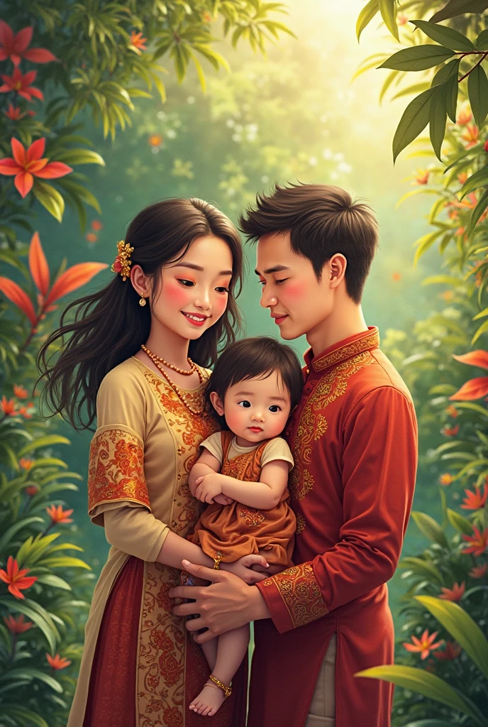 Chinese woman with Filipino man with a son and 2 daughters watching sunset side view