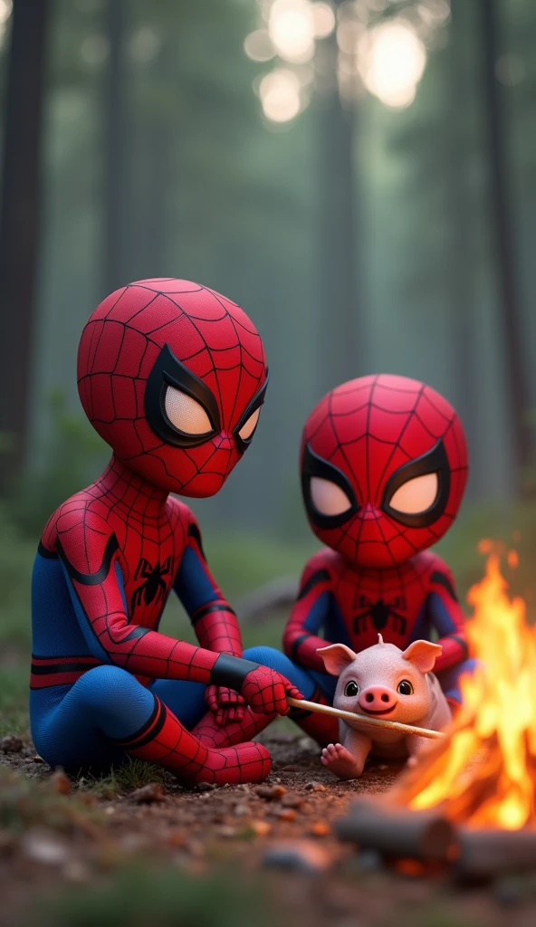 Spiderman is sitting by a warm, crackling campfire in the middle of a dark forest. Beside him, his wife and child, both dressed in matching Spiderman costumes, are toasting marshmallows and enjoying the peaceful night. The firelight casts a soft glow on their faces as they share stories and laughs under a sky full of twinkling stars