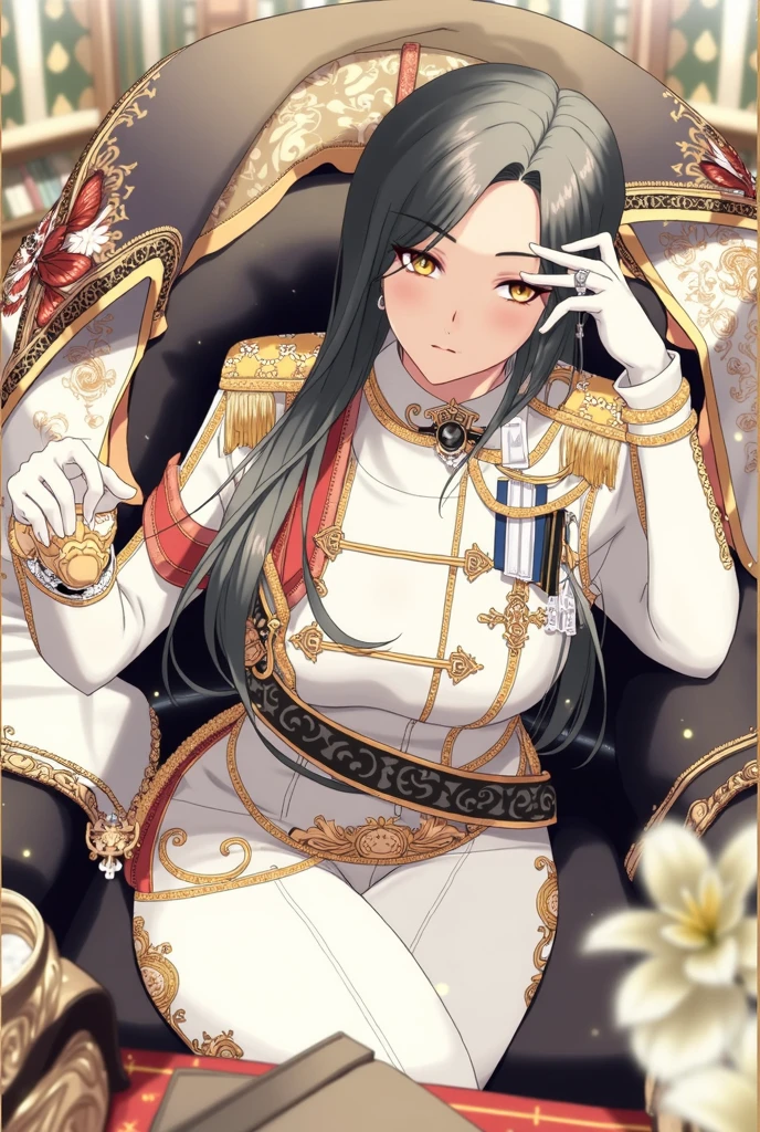 1girl, dominique_de_sade, black hair, long hair, parted bangs, yellow eyes, parted lips, vibrant colors, natural lighting, bow, bowtie, epaulettes, white shirt, frilled shirt collar, frills, shoulder sash, glint, arms behind back, flower, blue flower, white flower, blue rose, white rose, petals, floral print, floral print background, looking at viewer, upper body, masterpiece, best quality, high quality, highres, <lora:dominique_de_sade:0.7>