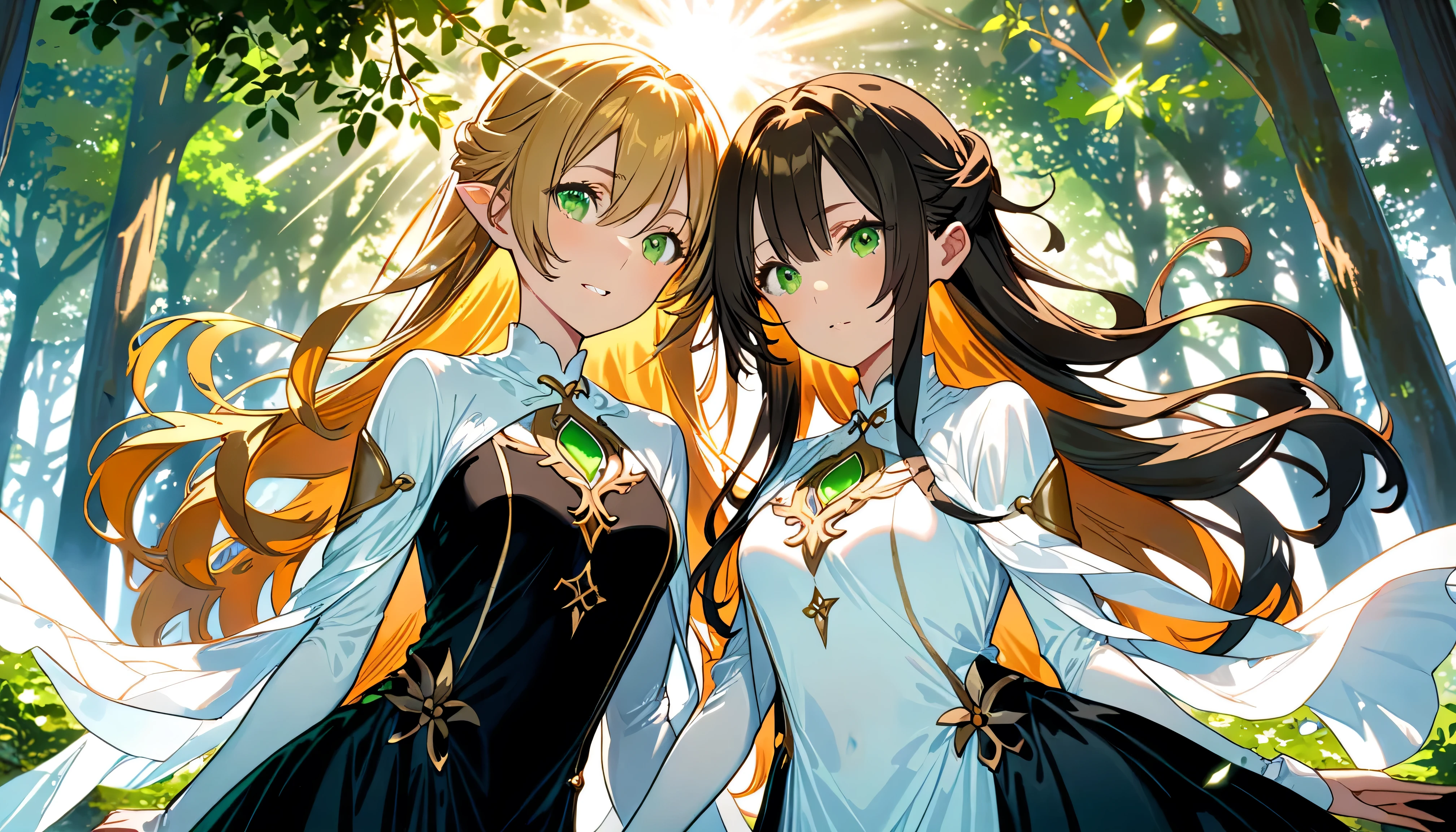 緑の草花がbackgroundの中,The sun shines brightly in a clear sky,(Normal number of fingers:1.3),(Green tree々There are 2 girls beside:1.5), The two gods 々 each face is delicate and beautiful ,facing the front,both have a mystical atmosphere like heavenly beings,Their gaze attracts viewers, They exude supernatural appeal, in the background , has golden wavy hair , and the other has deep, dark, lacquered hair , her hair flows gracefully on her shoulders , beautiful women stand side by side ,They are wearing white dress and black dress costumes, respectively, soft, fantastic light illuminates them,((background:1.3)(Upper body above the waist:1.1),Figure above the knee,top quality, high resolution,( HD:1.2), masterpiece, detailsなbackground,age beauty,( 非常にdetailsな顔:1.2), detailed expressions ,( details:1.2),altitude 2,