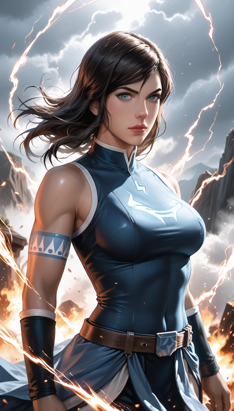 Portrait, Masterpiece, Excellent, 1girl, solo, complex details, color diffusion, close-up, pale female, Asian female, female giant, athletic female, strong thighs, black hair, dark hair, blue eyes, combat attire, alluring attire, epic, martial artist, Sci-Fi, Fantasy