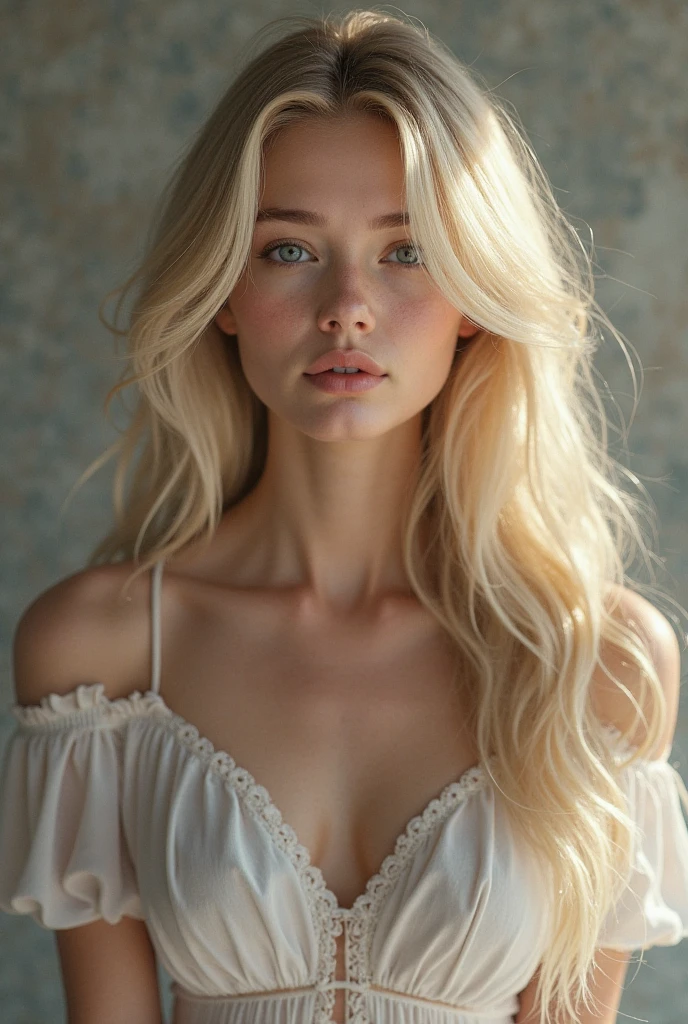 Female angel , very long blonde hair, blue eyes, rosy cheeks, pale skin, extremely beautiful, ethereal, angelic