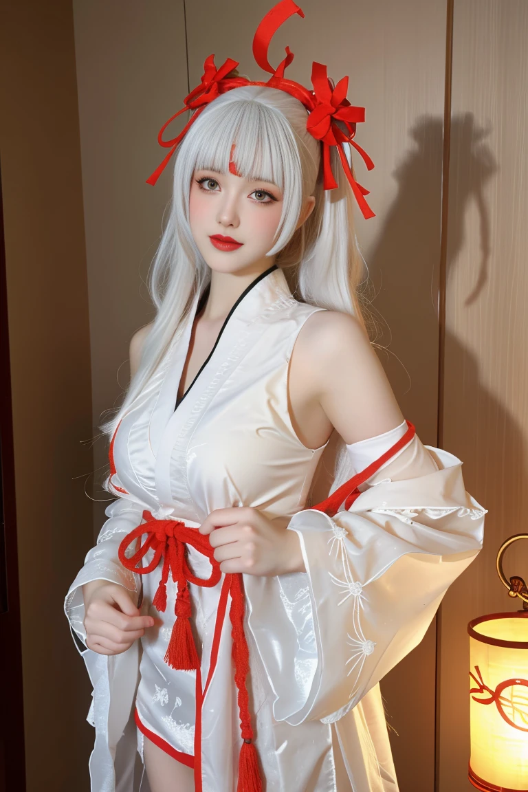Japanese Shrines、Shrine maiden、White underwear、White Hair、Long Hair、Shrine maidenの髪飾り、18 years old、woman、whole body、Evil Smiley Face,  Red eyes, Iris, Pupil orange