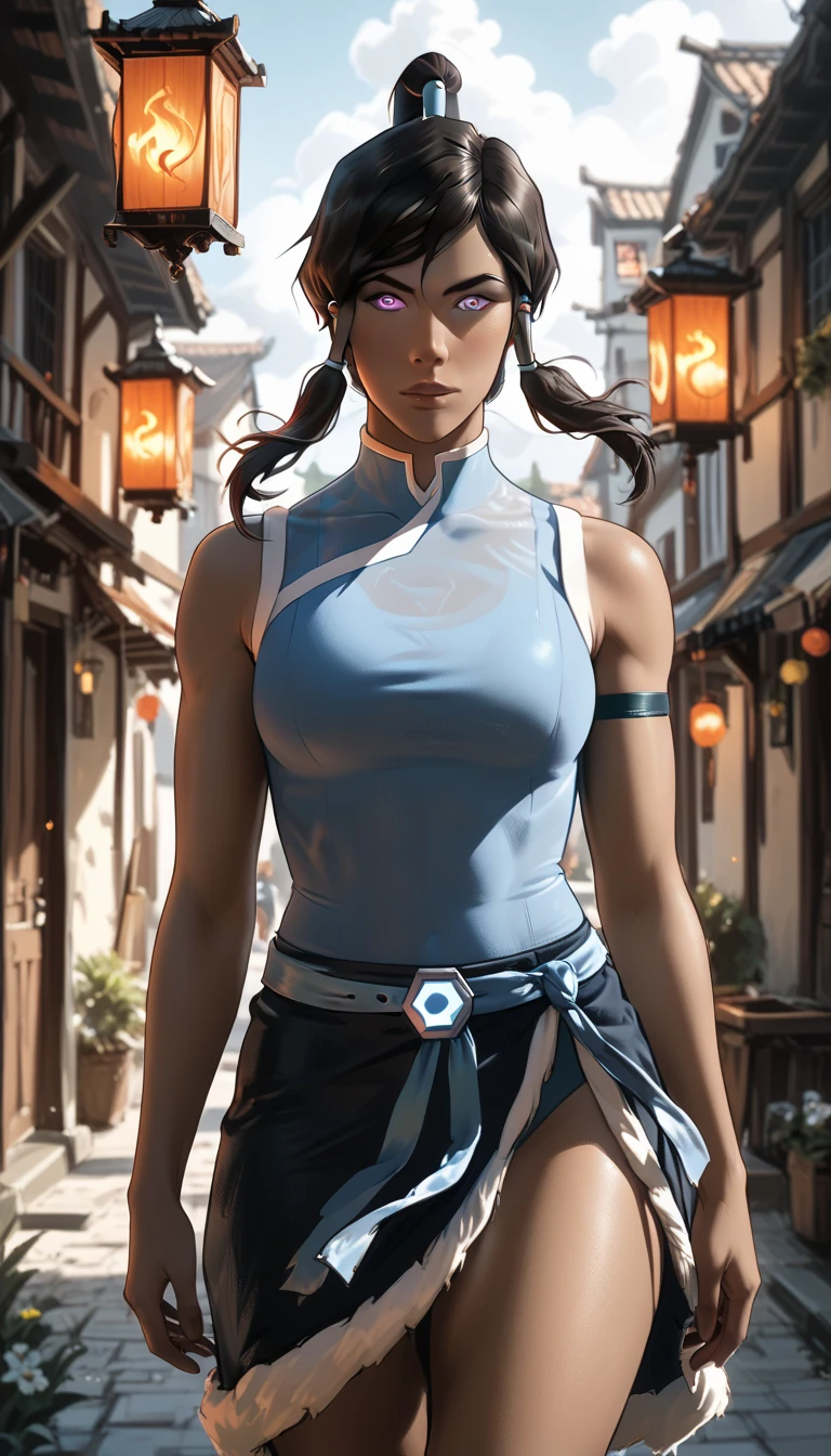 Korra from the legend of korra, beautiful woman with bold features, wearing high neck top, baggy pants, high boots, big blue eyes, gorgeous look, black overhead pony tail hair, realistic, photorealistic, photo-realistic:1.37, best quality,4k,8k,highres,masterpiece:1.2,ultra-detailed,vivid colors,physically-based rendering,extreme detail description,professional