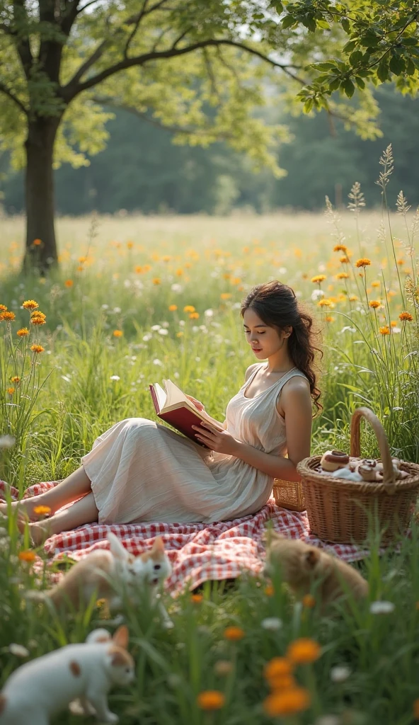 On the rolling hills of an English countryside estate in the 2000s, a thirteen-year-old Latino girl, with a picnic basket and a blanket, enjoys a leisurely day of reading under a sprawling oak tree, creating a serene tableau of quiet literary enjoyment.