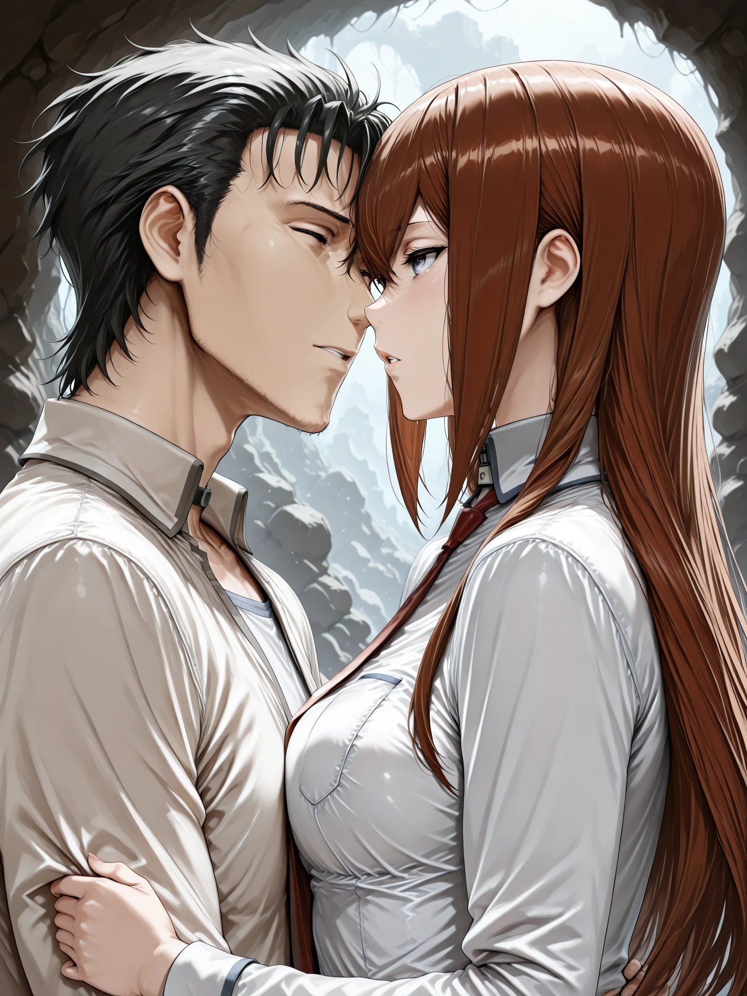 ((Best Quality)),( super high definition),(Super detailed),( detailed description ),((The best CG)),(masterpiece),  dark dungeon,dark cave,lanthorn,(1boy and 1girl,1boy is a Okabe rintaro,1girl is a Makise Kurisu,the boy protects the girl,the girl is no jacket )deep kissing 