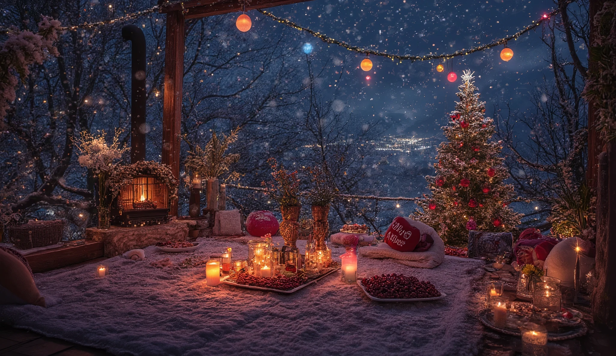 A romantic village on top of a village in the Himalayas teaches about vibrant colors at night The photo shows a romantic outdoor space but surrounded by glass on the sides and a canopy with falling snow , many hugging pillows and a bright white blanket set on the wooden floor, Modern fireplace, next to a black one in the village glittering with lights in the Himalayan mountains overlooking the streets decorated with lots of flashing lights and bright colorful Christmas theme , and snow-covered mountains . Space decorated with unburned candle plants, white and red roses , a low table covered with white towels, and a wide variety of food and drinks. . There are also soft pillows and a soft blanket on the floor, create cozy spaces . The background shows a brightly decorated Christmas tree, at night under the light of a lamp with mountains and houses illuminated in the distance.. The general atmosphere is very serene and intimate, the ideal meal for a romantic evening or an occasion special, There are balloons and balloons in the room with the inscription "two happy months" and also some hugging pillows, and blanket in Maldives at night with village in Himalayan mountains at night With bright colorful flooded ditches filled with light like a galaxy , a blanket of large and red beans , on a plate served with a bouquet of red and blue roses, Many red heart-shaped hugging pillows, two glasses of wine and a bottle of wine , Jenga tower game, candle , a white and red heart-shaped hugging pillow , Strawberry plate, and grapes. high resolution, precise , spin , high detail, masterpieces, details, high detail, very detailed, high quality ,
