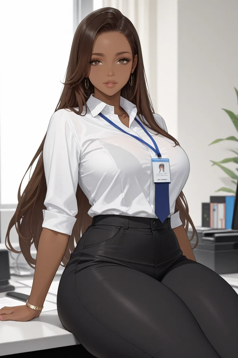 Mia Khalifa, masterpiece, best quality, office, desk, computer, sitting on the desk towards the camera, office lady, white unbuttoned shirt revealing breasts, black miniskirt, spread legs, right knee in the air, skirt is liftet up and showing her crotch, white panties, show off panties, flirting with camera, erotic pose, show underwear, cleavage