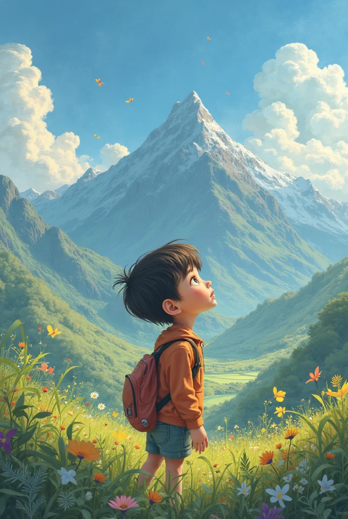 A small boy thinking in own mind about mountains showing like idea
Mountains picture behind the boy Head