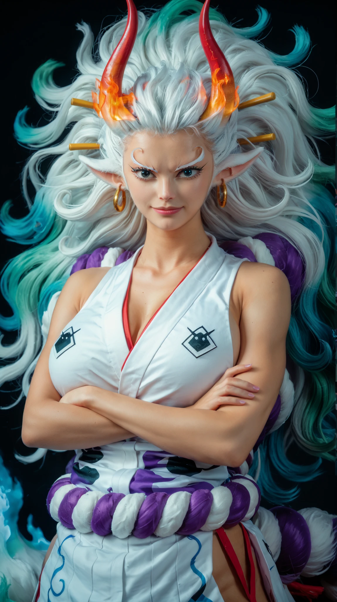 Yamatowanpi (multicolor hair: 1.2), light green hair (best quality: 1.0), (very detailed: 1.0), (1 girl: 1.3), score_9, score_8_up, score_7_up, score_6_up,yamato \(one piece\), Yamatowanpi (multicolor hair: 1.2), light green hair (best quality: 1.0), (very detailed: 1.0), (1 girl: 1.3), score_9, score_8_up, score_7_up, 1 girl, solo, Expressiveh, (HBYamato, she-wolf, youkai, oni horns, blue eyes, white body, white fur, white hair, blue hair, two-tone hair, wavy hair, earrings, white tail, blue tail, two-tone tail, looking at viewer, smile, closed mouth, crossed arms, blue flames, flame manipulation), ((OPStyle)), shot cowboy, red hakama, shimenawa, white kimono, black background, simple background, 4k, masterpiece, best quality, highly detailed, realistic, asian, beautiful (26 years old), toned stomach, intense expression, asian, cute, beautiful (26 years old), toned stomach, horns, she-wolf, white fur, fur, snout, demi-human, hybrid, white fur