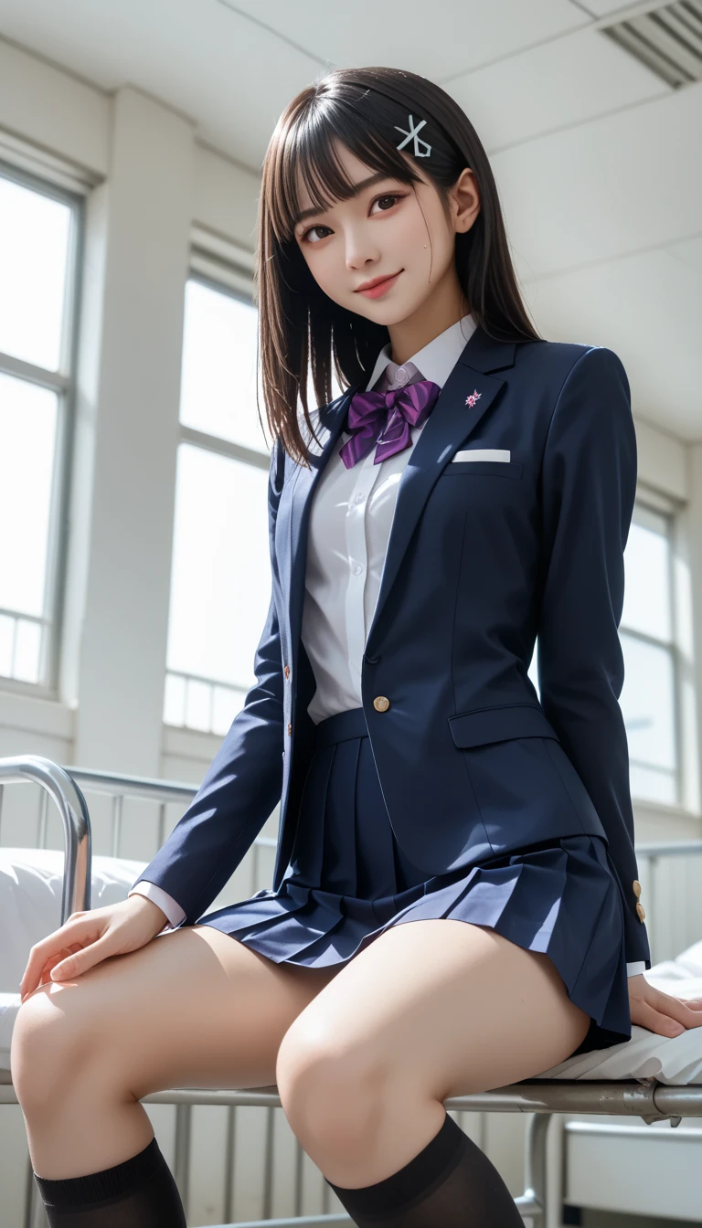 (8k), (highest quality: 1.2), (Realistic), (Realistic: 1.37), Ultra-high resolution, (1 girl), cute, blush,Embarrassed smile, Beautiful details, Beautiful Nose, Wet Hair, Giant Dulcefo, pork, Thighs,University Uniforms,(White shirt),
(A simple blazer:1.4),(Pleated skirt:1.2),(The skirt and tie are gray tartan check pattern.:1.3),(Sitting:1), Sit on,(Shiny legs:1.3),from the front,knees,Thick thighs