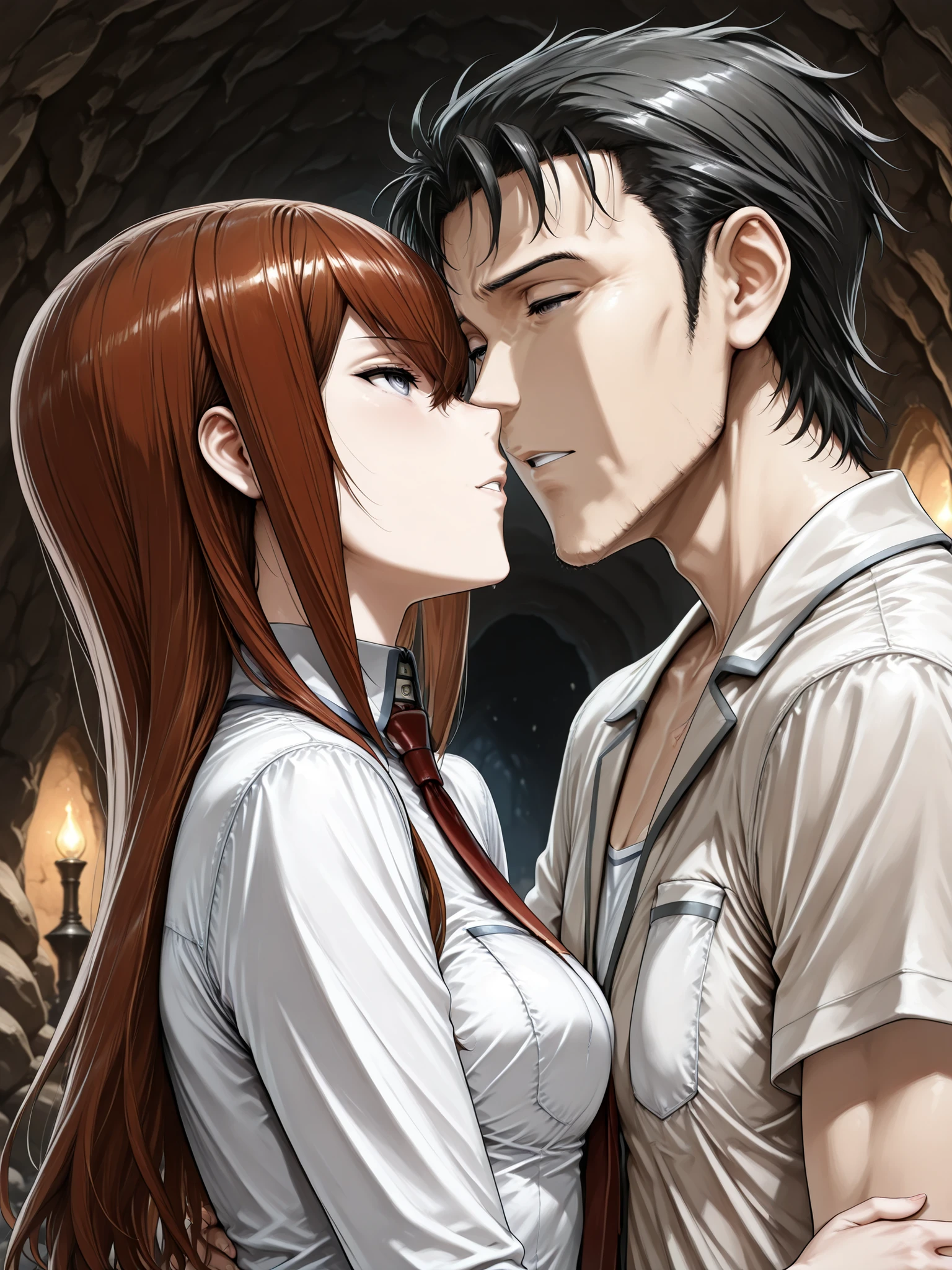 ((Best Quality)),( super high definition),(Super detailed),( detailed description ),((The best CG)),(masterpiece),  dark dungeon,dark cave,lanthorn,(1boy and 1girl,1boy is a Okabe rintaro,1girl is a Makise Kurisu,the boy protects the girl,the girl is no jacket )deep kissing 