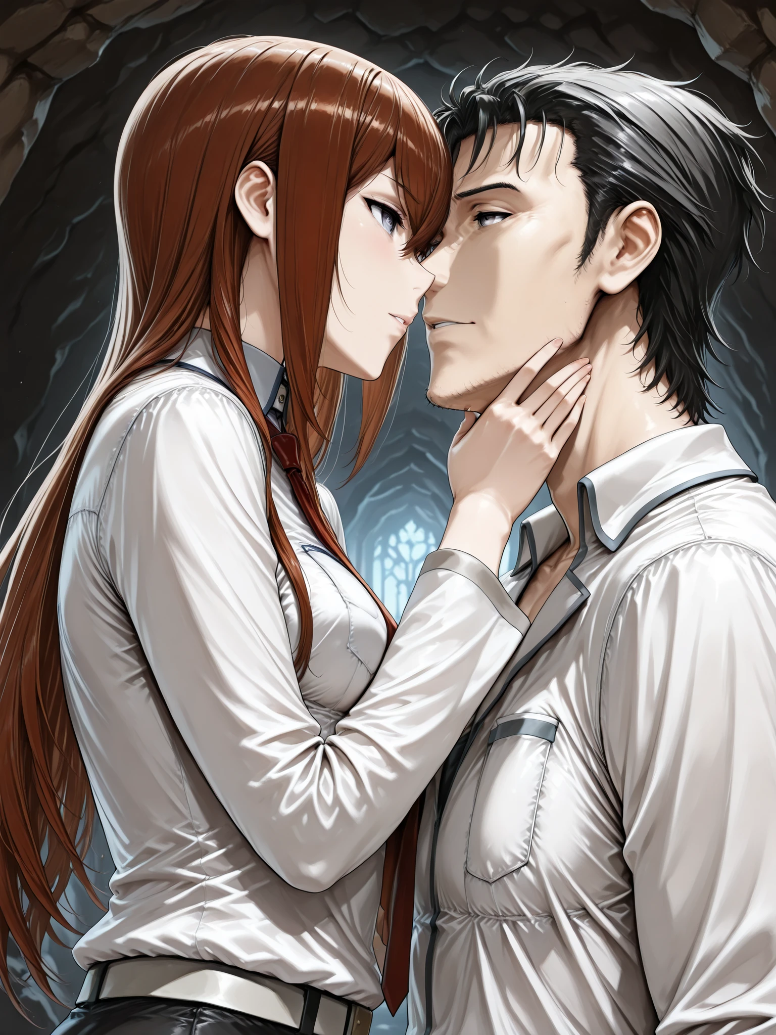 ((Best Quality)),( super high definition),(Super detailed),( detailed description ),((The best CG)),(masterpiece),  dark dungeon,dark cave,lanthorn,(1boy and 1girl,1boy is a Okabe rintaro,1girl is a Makise Kurisu,the boy protects the girl,the girl is no jacket )deep kissing 