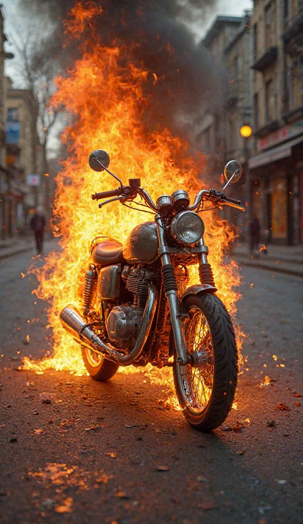 A riding a motorcycle, Fire comes out of this motorcycle's exhaust, the child shouting the phrase" boot no 12"