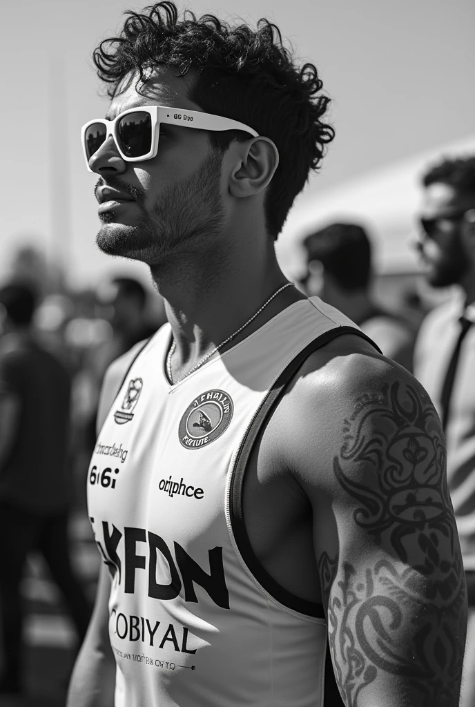 A tall and dashing young man, with undercut curly hair, full arm tattoos, wearing a loose sleeveless shirt with the words "rather different", purple and red shorts, very realistic pink flip-flops, and stunning 4K HD, is holding a woman's bra in his hand, looking scared and determined. A group of beautiful and sexy women are chasing, the sun casts a golden light on the scene, highlighting the bright colors and intricate details of the female characters, and the cityscape. The atmosphere is adrenaline-pumping and tense, as the story unfolds in a very visually stunning way.