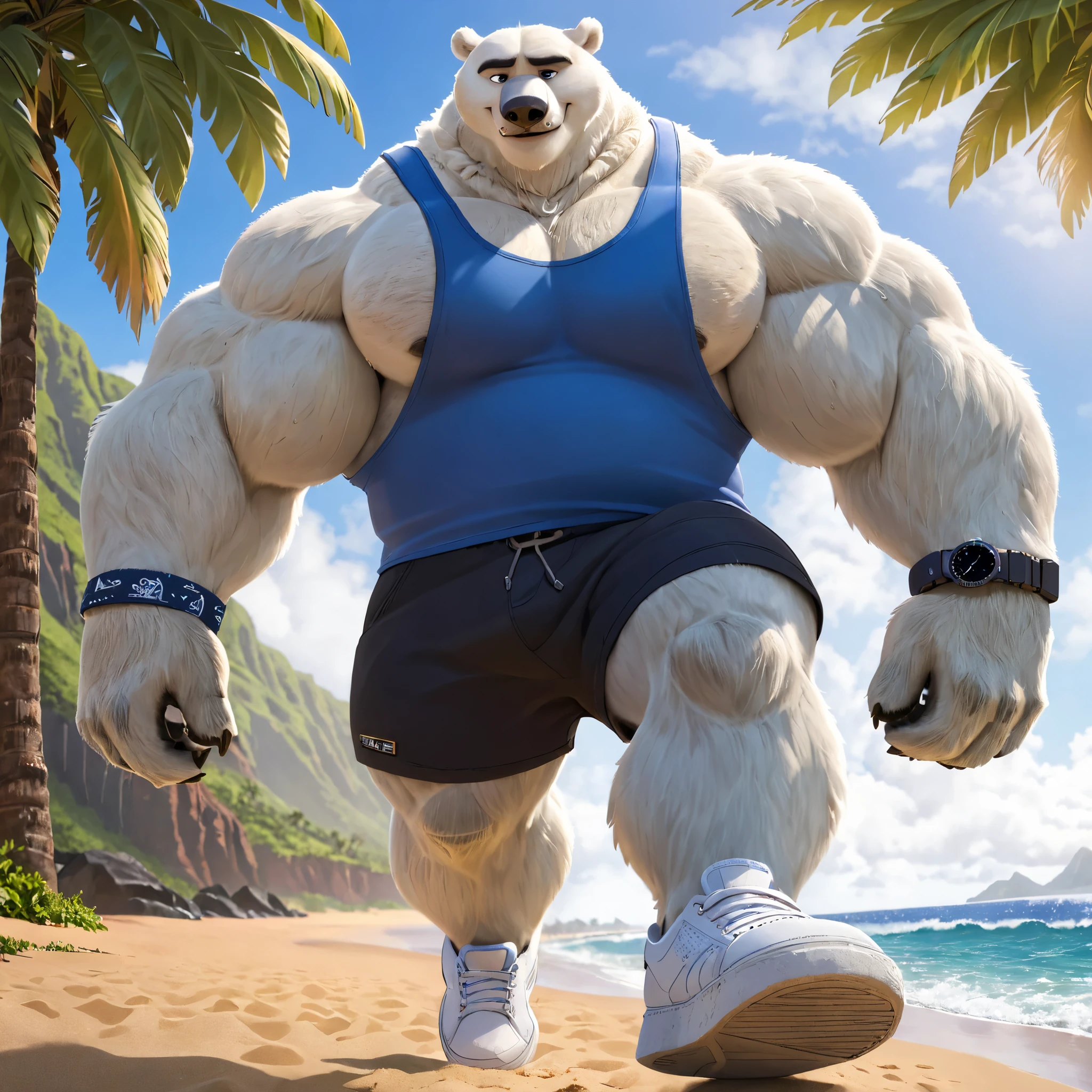 huge muscular polar bear in Kauai beach, big smirk, polar bear, huge white fur, thick neck, thick arm, huge arm, white mustache, bearded white and beard, (thick muscular, pectoral, wide pectoral, thick arms), beach, palm, Zootopia, Disney, 8k, masterpiece, detailed eyes with pupils, height: 220cm (7’8), weight: 254kg (424lbs), (wearing black shorts, wristband, watch, blue tank top and white shoes), bouncing his pecs