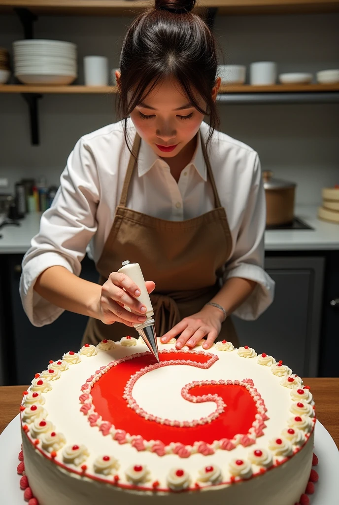 Artist Xuan Hinh is wearing an apron . She uses the pastry bag with both hands to form the letter G with a red coulis on a large cake.. Portrait semi-réaliste