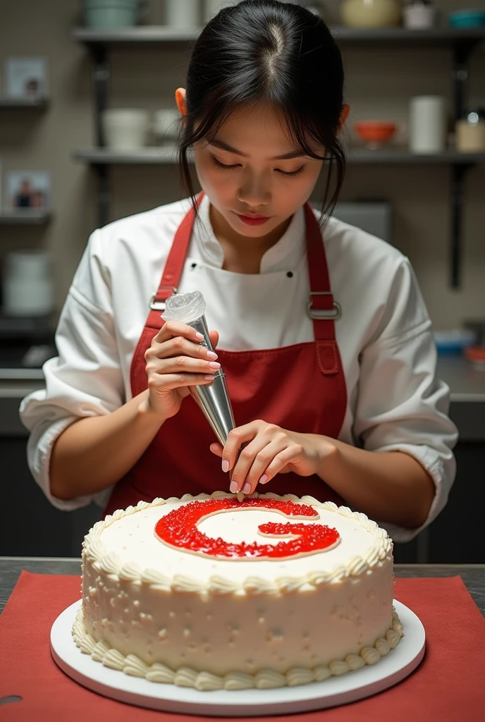Artist Xuan Hinh is wearing an apron . She uses the pastry bag with both hands to form the letter G with a red coulis on a large cake.. Portrait semi-réaliste