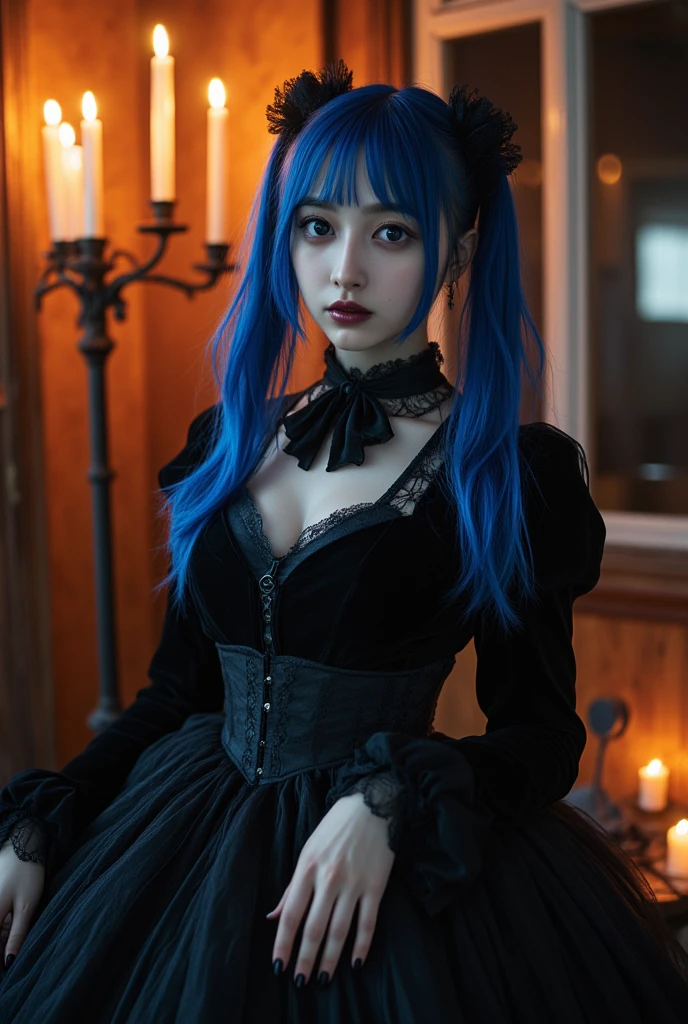 frederica bernkastel best quality, masterpiece, detailed, perfect face , dark blue hair, blunt bangs, hime cut, long hair, solo, 1girl, purple eyes, expressionless, gothic dress, lying, blue ribbon, spread arms, blank eyes, breasts