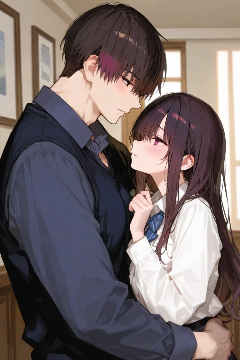 1 girl, 1 boy, (background on bed in bedroom), dark hair, hetero, sitting, man hugging woman, hug from behind, girl blushing, girl in trouble, man evil smiling, girl embarrassed, gairl flustered, (girl sweat), girl in serafuku, man in black suit and white shirt, cool guy, sexy guy, pretty girl, 160cm woman, 185cm man, sunset, looking away,high quality, high resolution, masterpiece