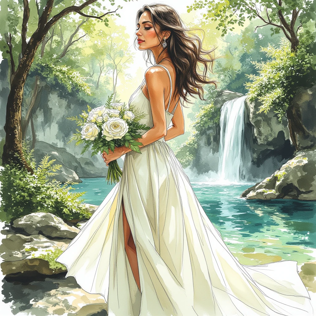 A stunning fashion illustration of a graceful woman in a flowing ...