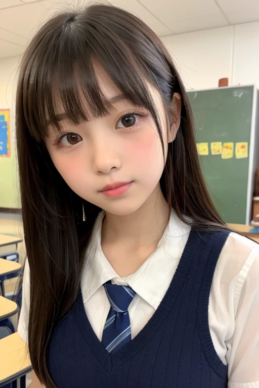 A shy 10-year-old elementary school girl with long black hair wearing a school uniform