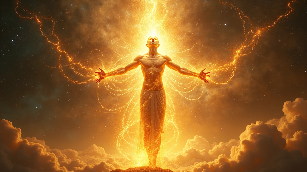 The moment Ram touches the stone: a bright light bursts forth, and the stone begins to transform into a glowing divine entity, with rays of light streaming outward."**