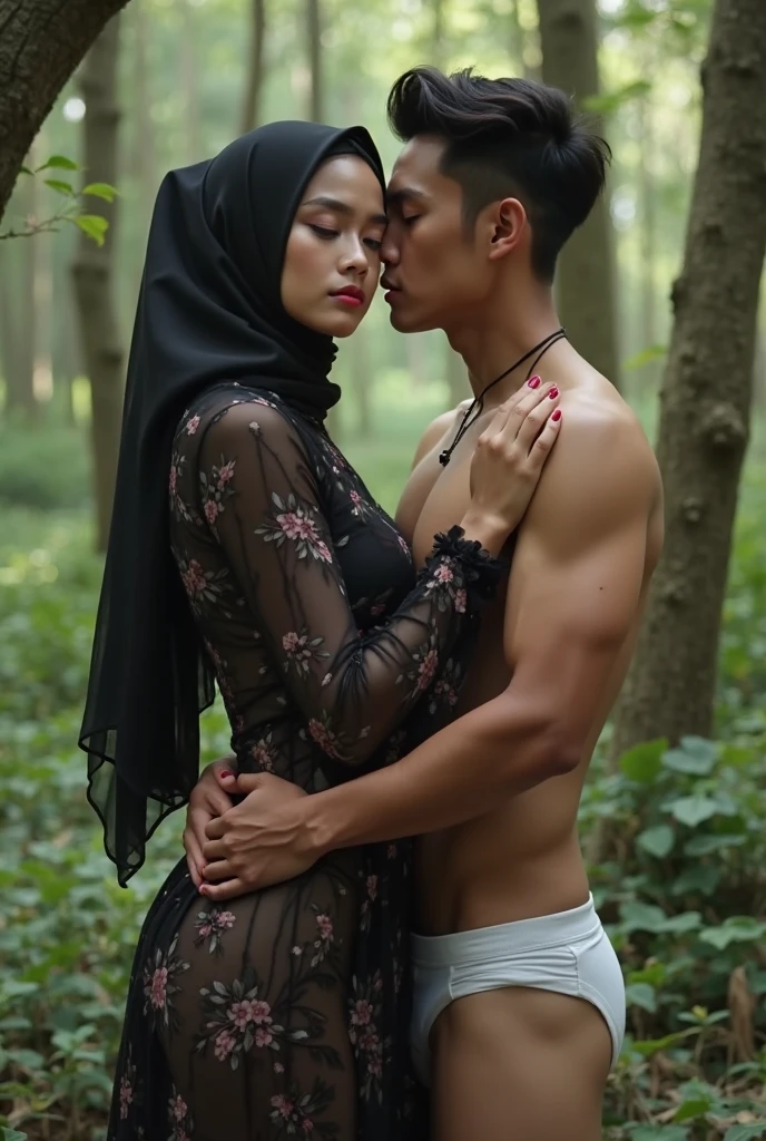 Malay boy (fattah amin:1.2) hugging and grabbing malay girl breast (neelofa:1.3) from behind, girl wearing torn messy hijab, dramatic lighting, girl wear bikini,dark ambient, realistic scence, living room background, blurry background, high quality photography, girl look sad, sad face,